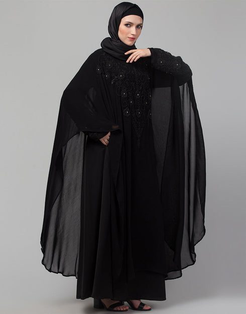Dubai Black Shine Nida Black Embroidery Abaya Side View